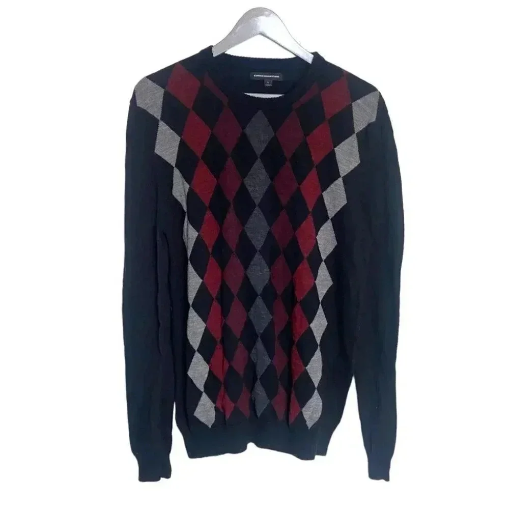 Express Design Studio L 100% merino wool black red +‎ gray crew sweater